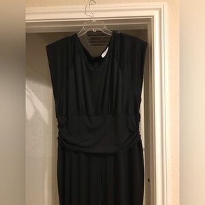 Padded shoulder, sleeveless jumpsuit, back zipper, ruched legs